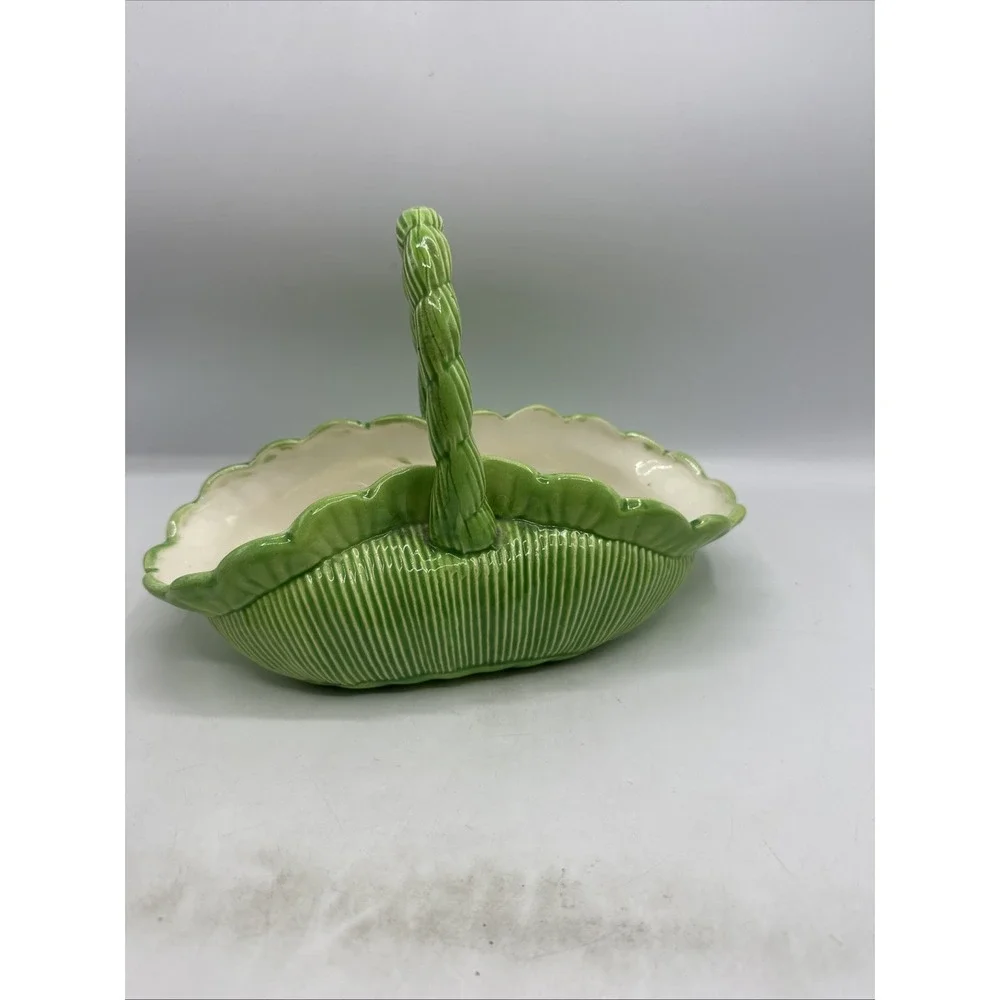 Dona's Ceramic Painted 1987 Green Basket Cabbage Leaf Edge  Vintage